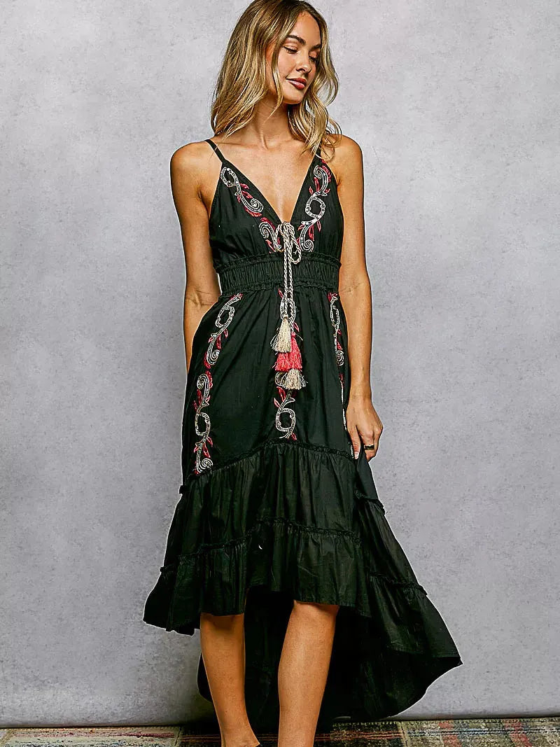 POL Boheme Night Embroidered Tassel Tie Tiered Cami Dress in Black-Women's Dresses-Shop Z & Joxa