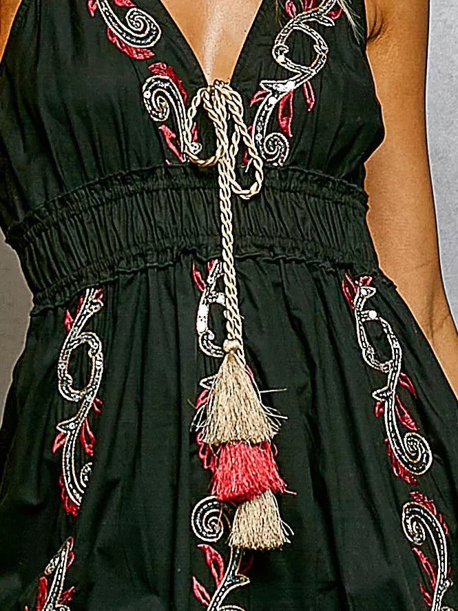 POL Boheme Night Embroidered Tassel Tie Tiered Cami Dress in Black-Women's Dresses-Shop Z & Joxa
