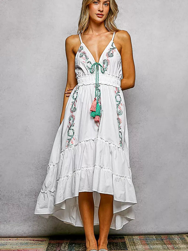 POL Boheme Night Embroidered Tassel Tie Tiered Cami Dress in Ivory-Women's Dresses-Shop Z & Joxa
