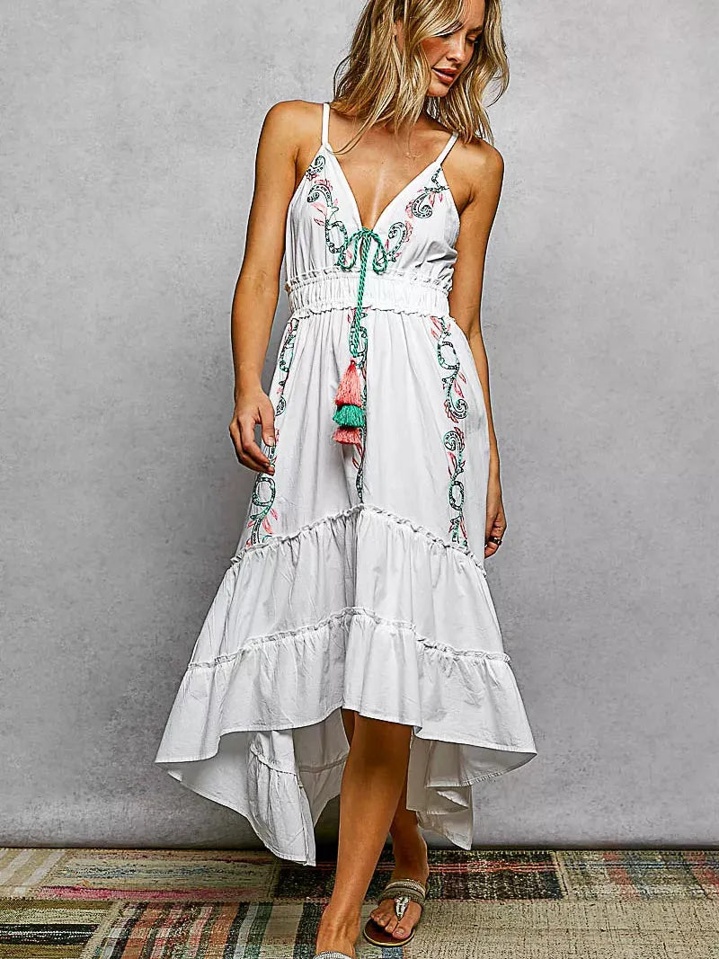 POL Boheme Night Embroidered Tassel Tie Tiered Cami Dress in Ivory-Women's Dresses-Shop Z & Joxa