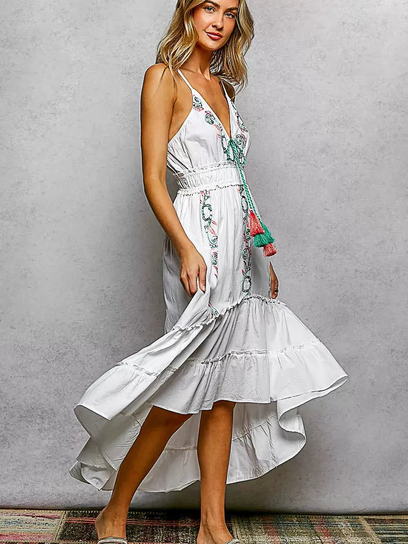 POL Boheme Night Embroidered Tassel Tie Tiered Cami Dress in Ivory-Women's Dresses-Shop Z & Joxa