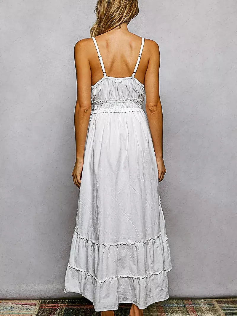 POL Boheme Night Embroidered Tassel Tie Tiered Cami Dress in Ivory-Women's Dresses-Shop Z & Joxa