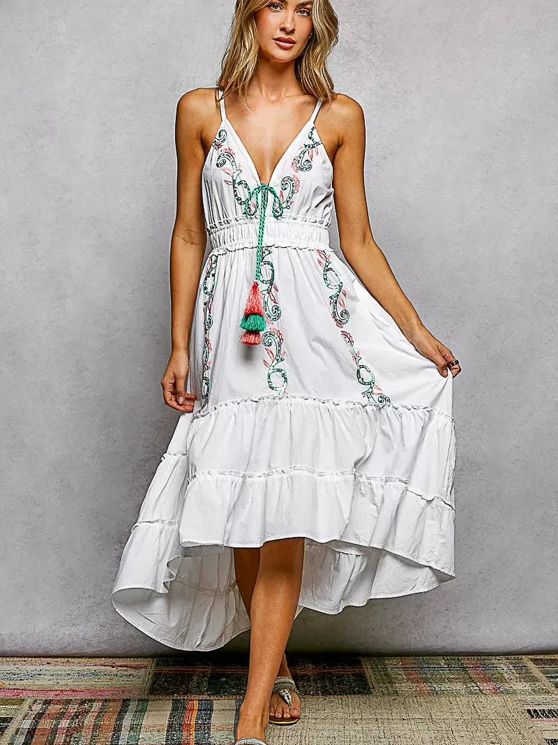 POL Boheme Night Embroidered Tassel Tie Tiered Cami Dress in Ivory-Women's Dresses-Shop Z & Joxa