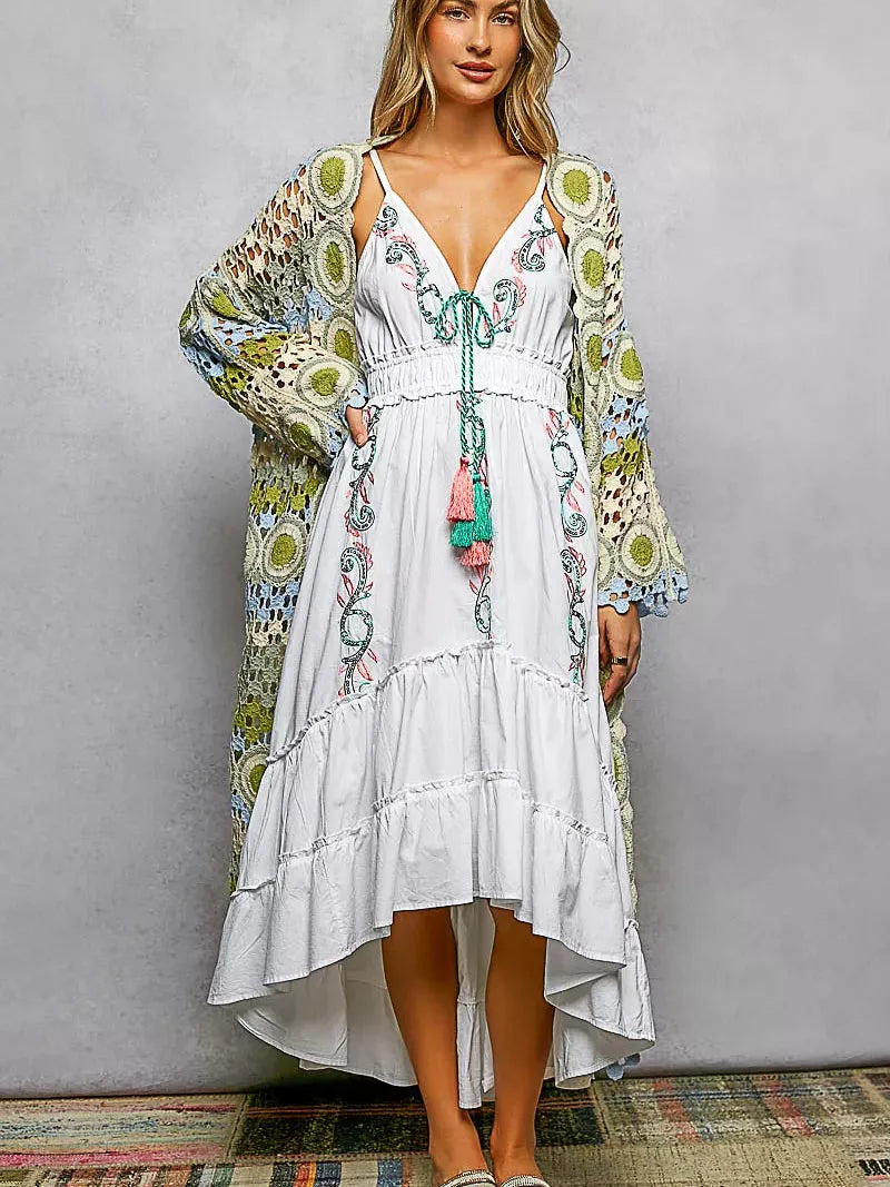 POL Color your Story Open Front Crochet Long Cardigan in Sage-Women's Shirts & Tops-Shop Z & Joxa