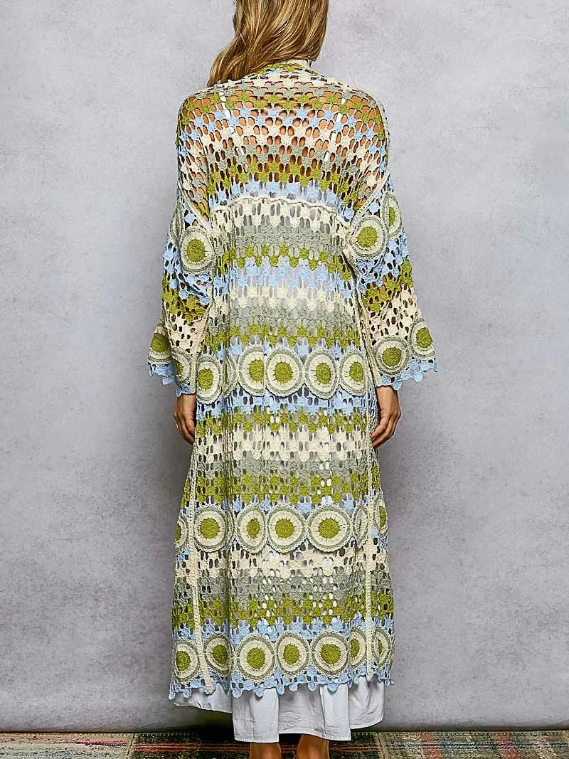 POL Color your Story Open Front Crochet Long Cardigan in Sage-Women's Shirts & Tops-Shop Z & Joxa