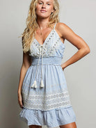 POL Denim Daydream Eyelet Embroidered Smocked Waist Mini Dress-Women's Dresses-Shop Z & Joxa