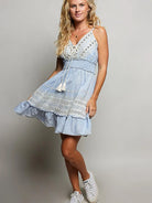 POL Denim Daydream Eyelet Embroidered Smocked Waist Mini Dress-Women's Dresses-Shop Z & Joxa