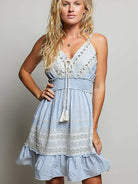 POL Denim Daydream Eyelet Embroidered Smocked Waist Mini Dress-Women's Dresses-Shop Z & Joxa