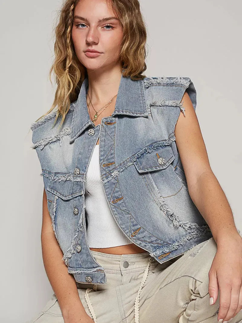 POL Denim Drift Assymetrical Raw Hem Denim Vest-Women's Shirts & Tops-Shop Z & Joxa