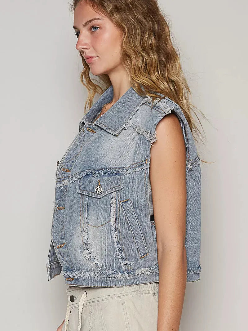 POL Denim Drift Assymetrical Raw Hem Denim Vest-Women's Shirts & Tops-Shop Z & Joxa