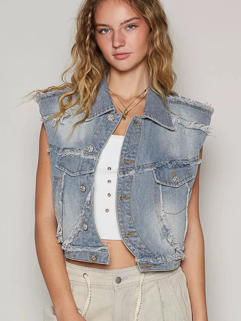 POL Denim Drift Assymetrical Raw Hem Denim Vest-Women's Shirts & Tops-Shop Z & Joxa