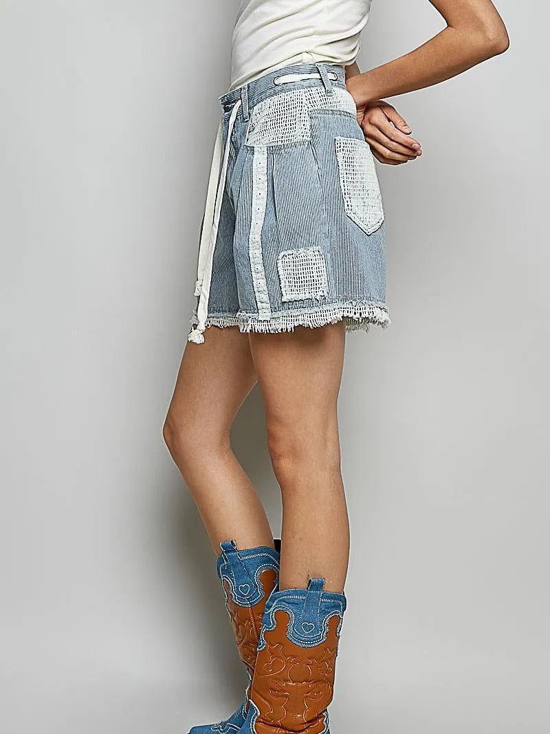 POL Distress with Lace Raw Hem Drawstring Striped Denim Shorts-Women's Shorts-Shop Z & Joxa