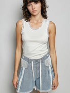 POL Distress with Lace Raw Hem Drawstring Striped Denim Shorts-Women's Shorts-Shop Z & Joxa