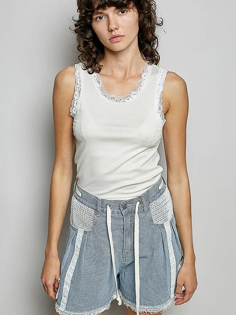 POL Distress with Lace Raw Hem Drawstring Striped Denim Shorts-Women's Shorts-Shop Z & Joxa