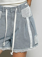POL Distress with Lace Raw Hem Drawstring Striped Denim Shorts-Women's Shorts-Shop Z & Joxa