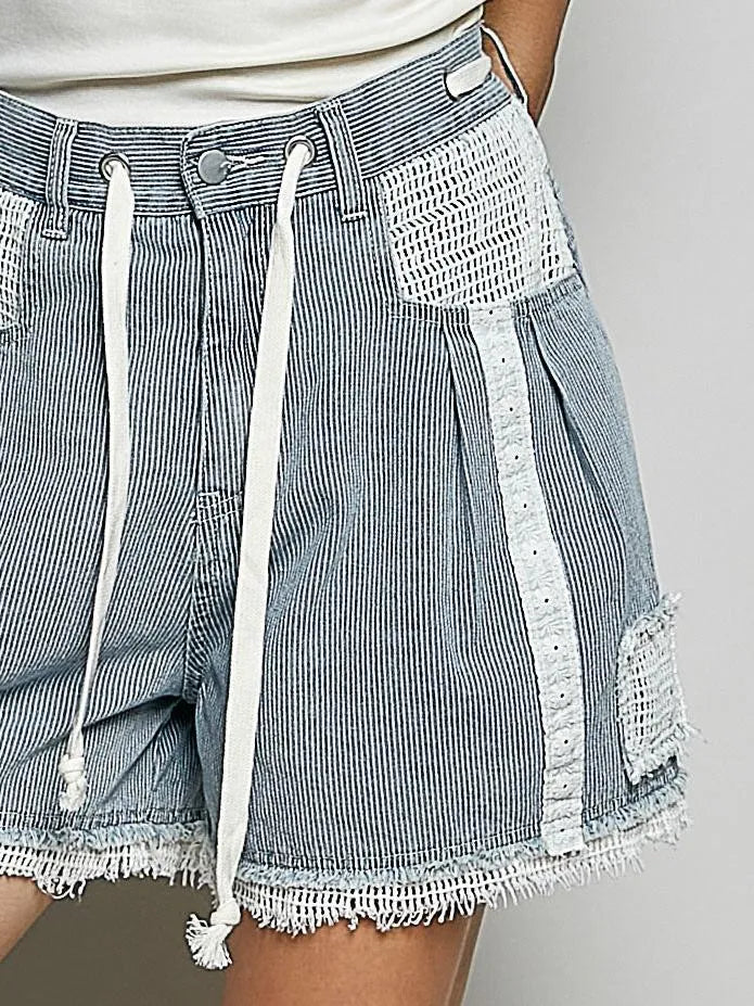 POL Distress with Lace Raw Hem Drawstring Striped Denim Shorts-Women's Shorts-Shop Z & Joxa