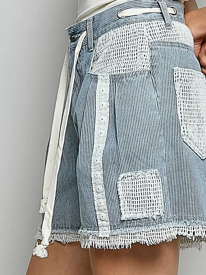 POL Distress with Lace Raw Hem Drawstring Striped Denim Shorts-Women's Shorts-Shop Z & Joxa