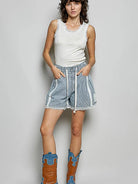 POL Distress with Lace Raw Hem Drawstring Striped Denim Shorts-Women's Shorts-Shop Z & Joxa
