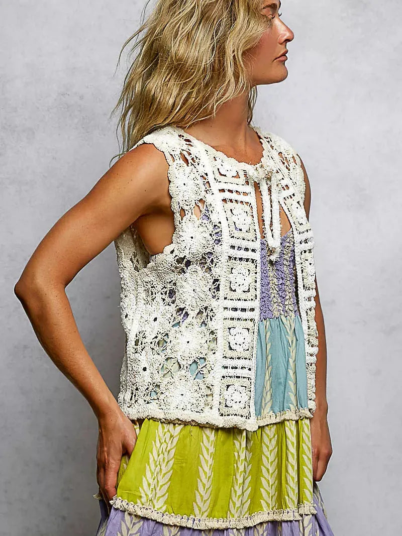 POL Dreamy Layers Front Tie Floral Pattern Crochet Vest-Women's Shirts & Tops-Shop Z & Joxa