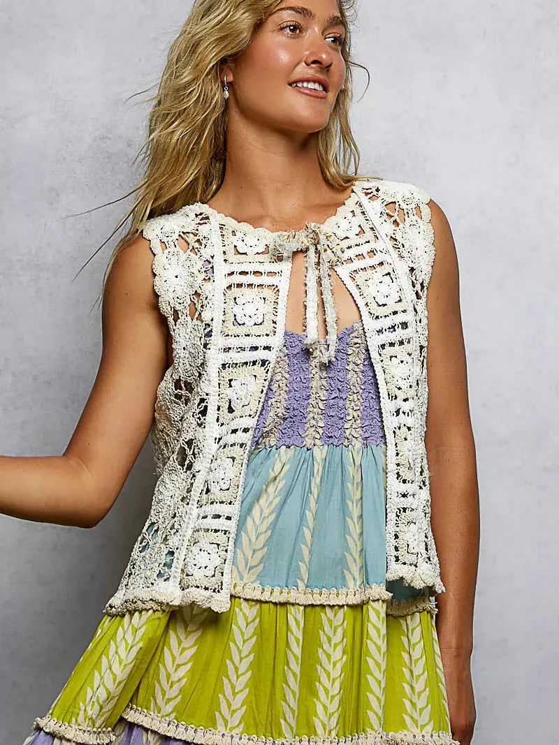 POL Dreamy Layers Front Tie Floral Pattern Crochet Vest-Women's Shirts & Tops-Shop Z & Joxa
