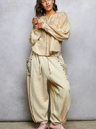 POL Embroidery Button Down Long Sleeve Washed Shirt in Almond-Women's Shirts & Tops-Shop Z & Joxa