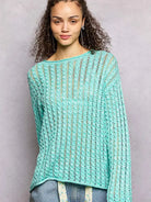 POL Evening Gleam Openwork Shiny Knit Long Sleeve Top in Aqua-Women's Shirts & Tops-Shop Z & Joxa
