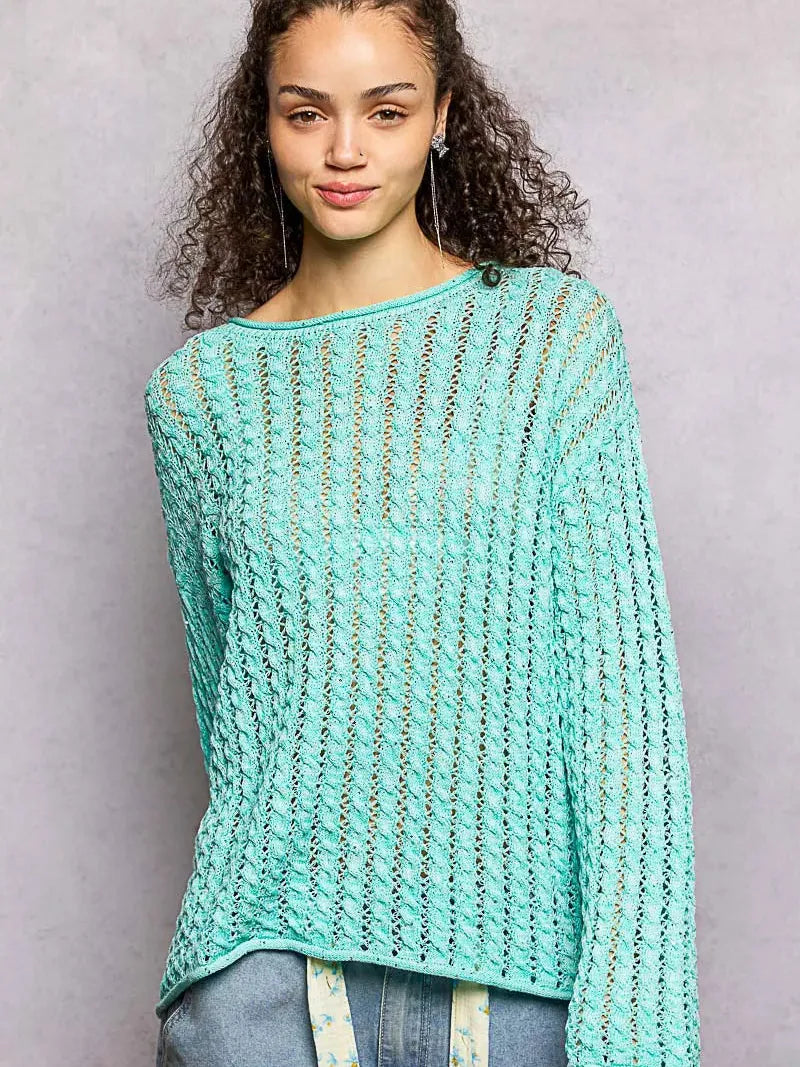 POL Evening Gleam Openwork Shiny Knit Long Sleeve Top in Aqua-Women's Shirts & Tops-Shop Z & Joxa