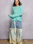 POL Evening Gleam Openwork Shiny Knit Long Sleeve Top in Aqua-Women's Shirts & Tops-Shop Z & Joxa