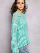 POL Evening Gleam Openwork Shiny Knit Long Sleeve Top in Aqua-Women's Shirts & Tops-Shop Z & Joxa