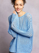 POL Evening Gleam Openwork Shiny Knit Long Sleeve Top in Blue-Shop Z & Joxa