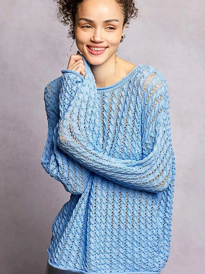 POL Evening Gleam Openwork Shiny Knit Long Sleeve Top in Blue-Shop Z & Joxa
