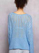 POL Evening Gleam Openwork Shiny Knit Long Sleeve Top in Blue-Shop Z & Joxa