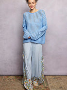 POL Evening Gleam Openwork Shiny Knit Long Sleeve Top in Blue-Shop Z & Joxa