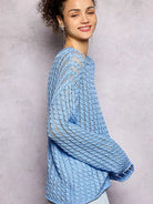 POL Evening Gleam Openwork Shiny Knit Long Sleeve Top in Blue-Shop Z & Joxa