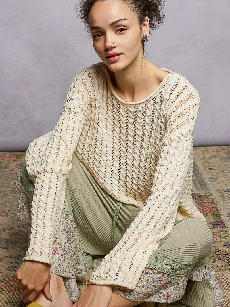 POL Evening Gleam Openwork Shiny Knit Long Sleeve Top in Cream-Shirts & Tops-Shop Z & Joxa