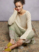 POL Evening Gleam Openwork Shiny Knit Long Sleeve Top in Cream-Shirts & Tops-Shop Z & Joxa