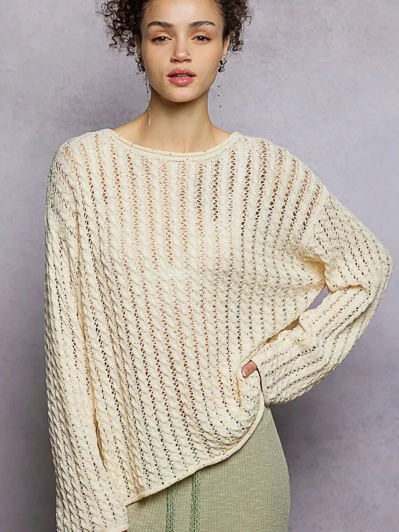 POL Evening Gleam Openwork Shiny Knit Long Sleeve Top in Cream-Shirts & Tops-Shop Z & Joxa