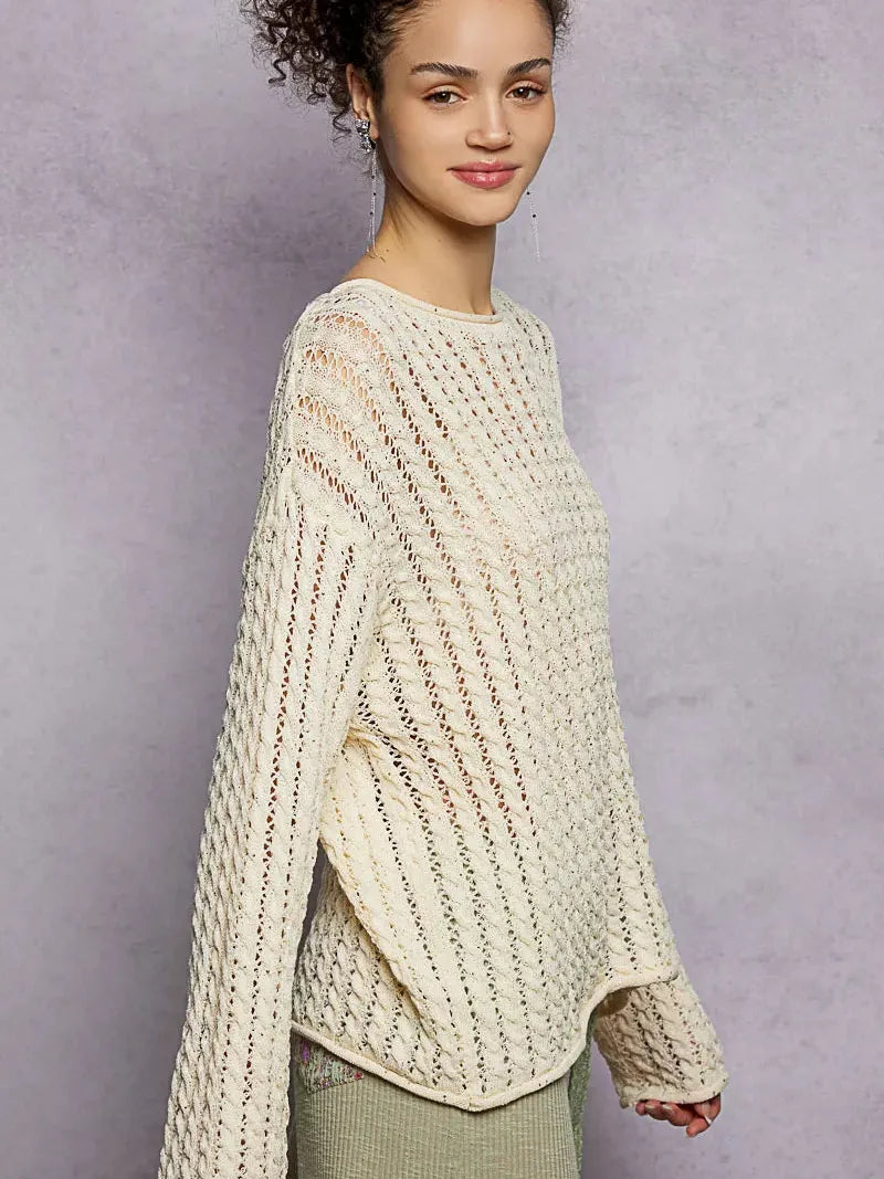 POL Evening Gleam Openwork Shiny Knit Long Sleeve Top in Cream-Shirts & Tops-Shop Z & Joxa