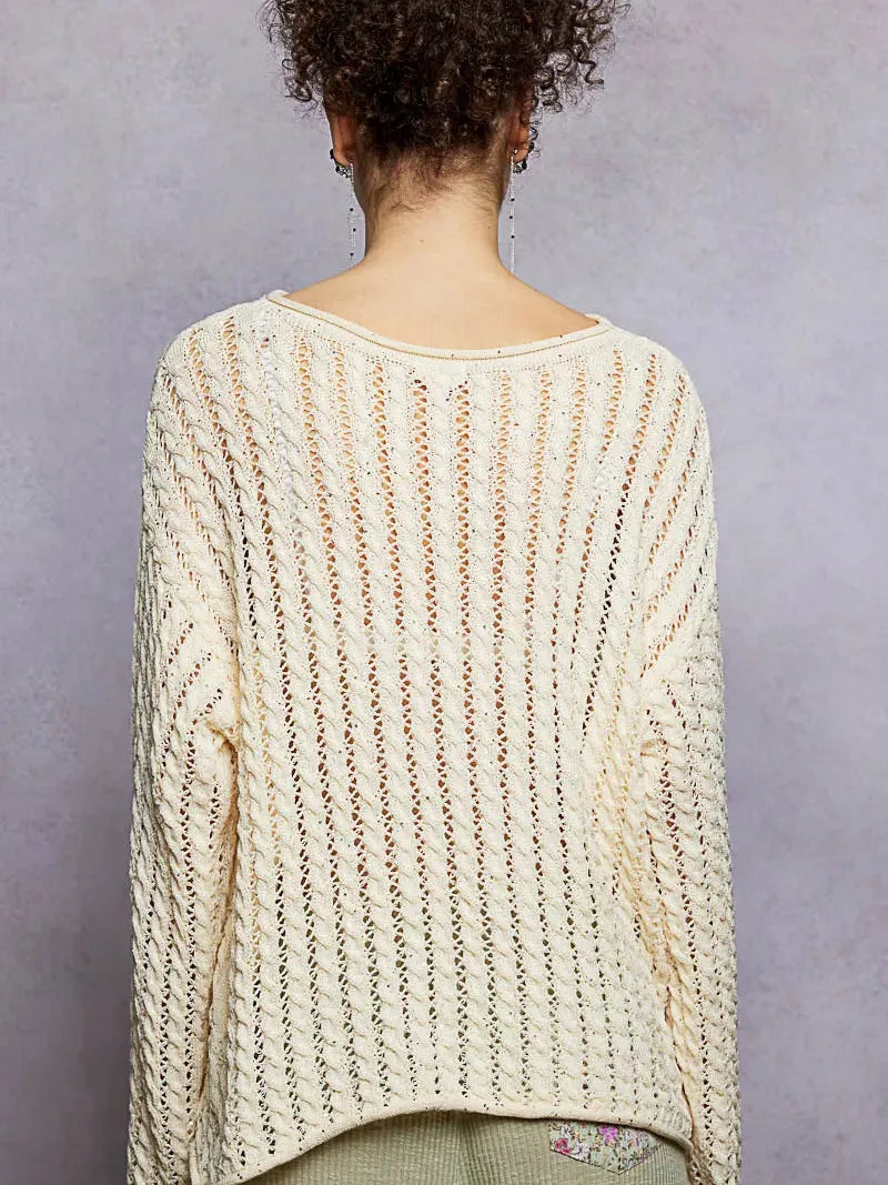 POL Evening Gleam Openwork Shiny Knit Long Sleeve Top in Cream-Shirts & Tops-Shop Z & Joxa
