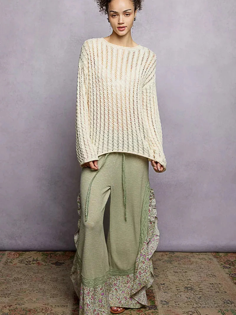 POL Evening Gleam Openwork Shiny Knit Long Sleeve Top in Cream-Shirts & Tops-Shop Z & Joxa