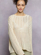 POL Evening Gleam Openwork Shiny Knit Long Sleeve Top in Cream-Shirts & Tops-Shop Z & Joxa