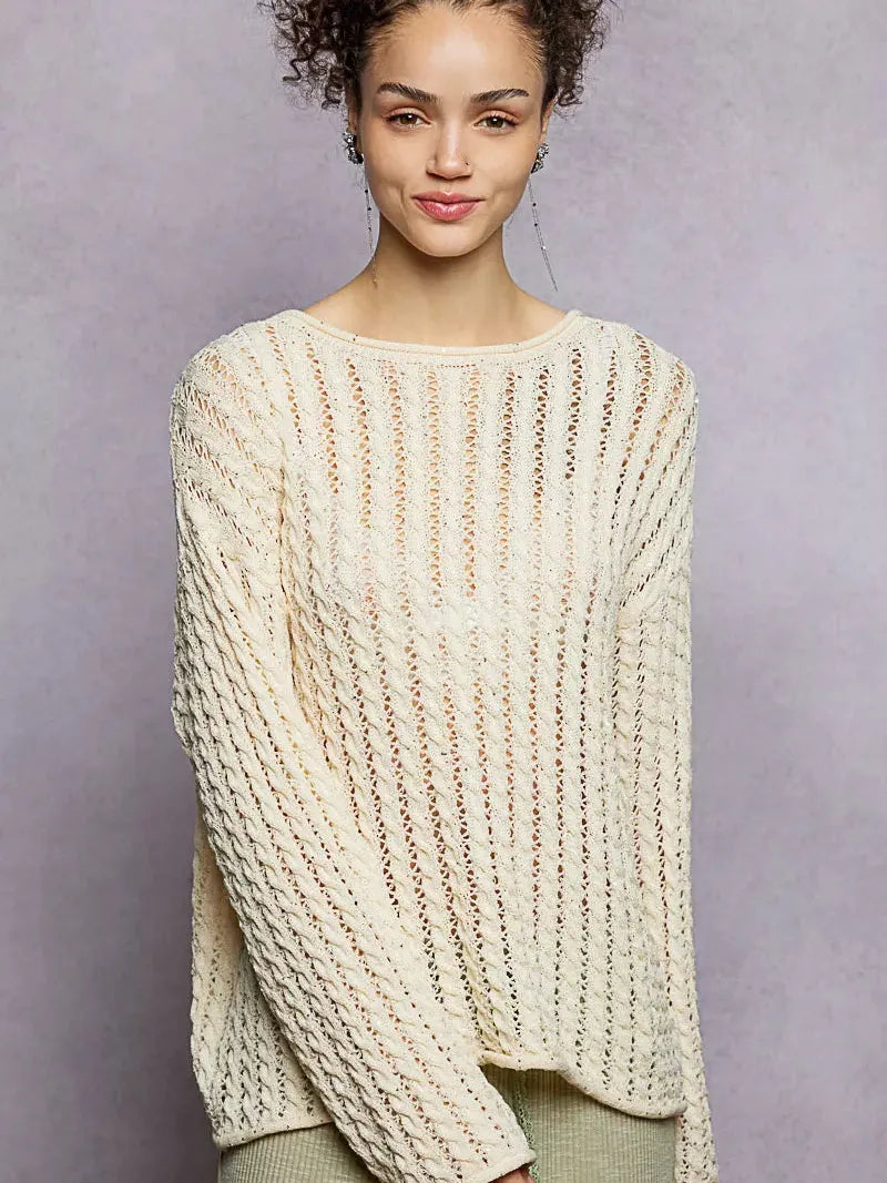 POL Evening Gleam Openwork Shiny Knit Long Sleeve Top in Cream-Shirts & Tops-Shop Z & Joxa