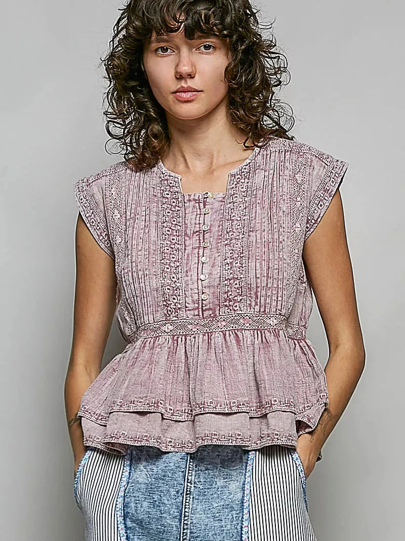 POL Eyelet Ever After Pintuck Sleeveless Cotton Blouse-Women's Shirts & Tops-Shop Z & Joxa