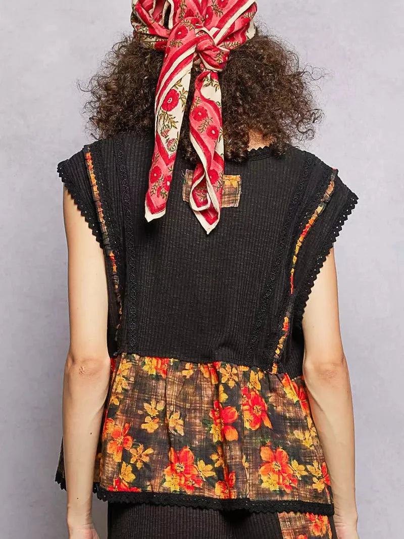 POL Floral Edge Cropped Ruffled Top with Lace Detail in Black-Women's Shirts & Tops-Shop Z & Joxa