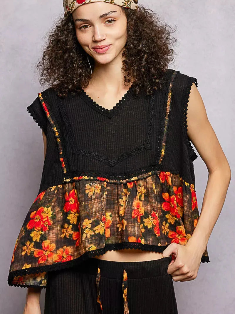 POL Floral Edge Cropped Ruffled Top with Lace Detail in Black-Women's Shirts & Tops-Shop Z & Joxa