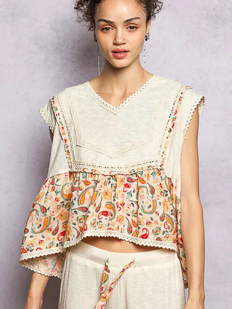 POL Floral Edge Cropped Ruffled Top with Lace Detail in Ivory-Women's Shirts & Tops-Shop Z & Joxa
