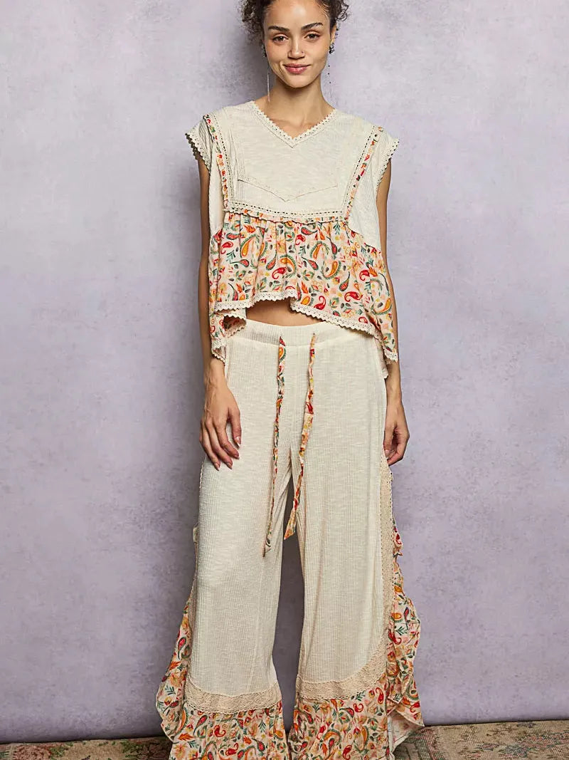 POL Floral Edge Cropped Ruffled Top with Lace Detail in Ivory-Women's Shirts & Tops-Shop Z & Joxa