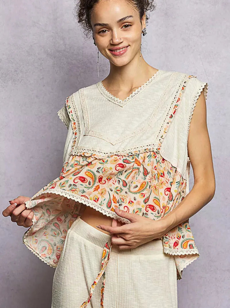 POL Floral Edge Cropped Ruffled Top with Lace Detail in Ivory-Women's Shirts & Tops-Shop Z & Joxa