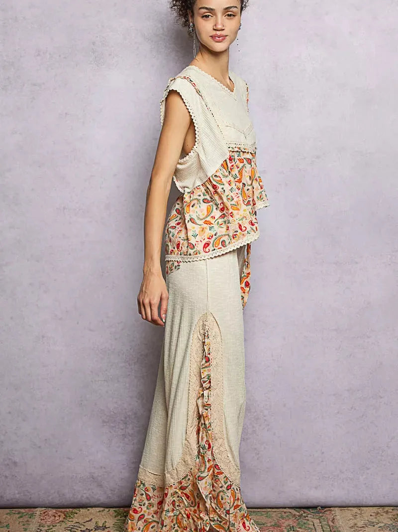 POL Floral Edge Cropped Ruffled Top with Lace Detail in Ivory-Women's Shirts & Tops-Shop Z & Joxa