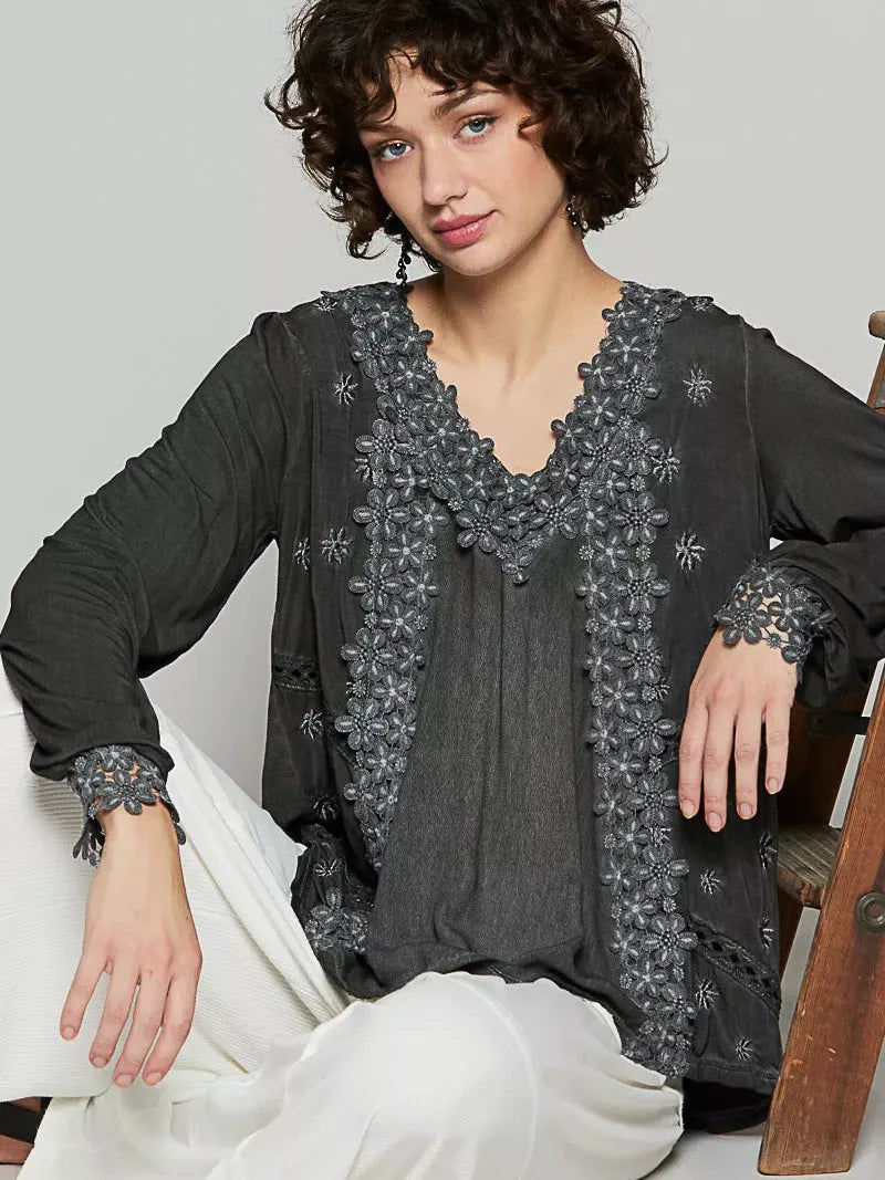 POL Floral Whisper Floral Embroidery Top with Lace in Black-Women's Shirts & Tops-Shop Z & Joxa